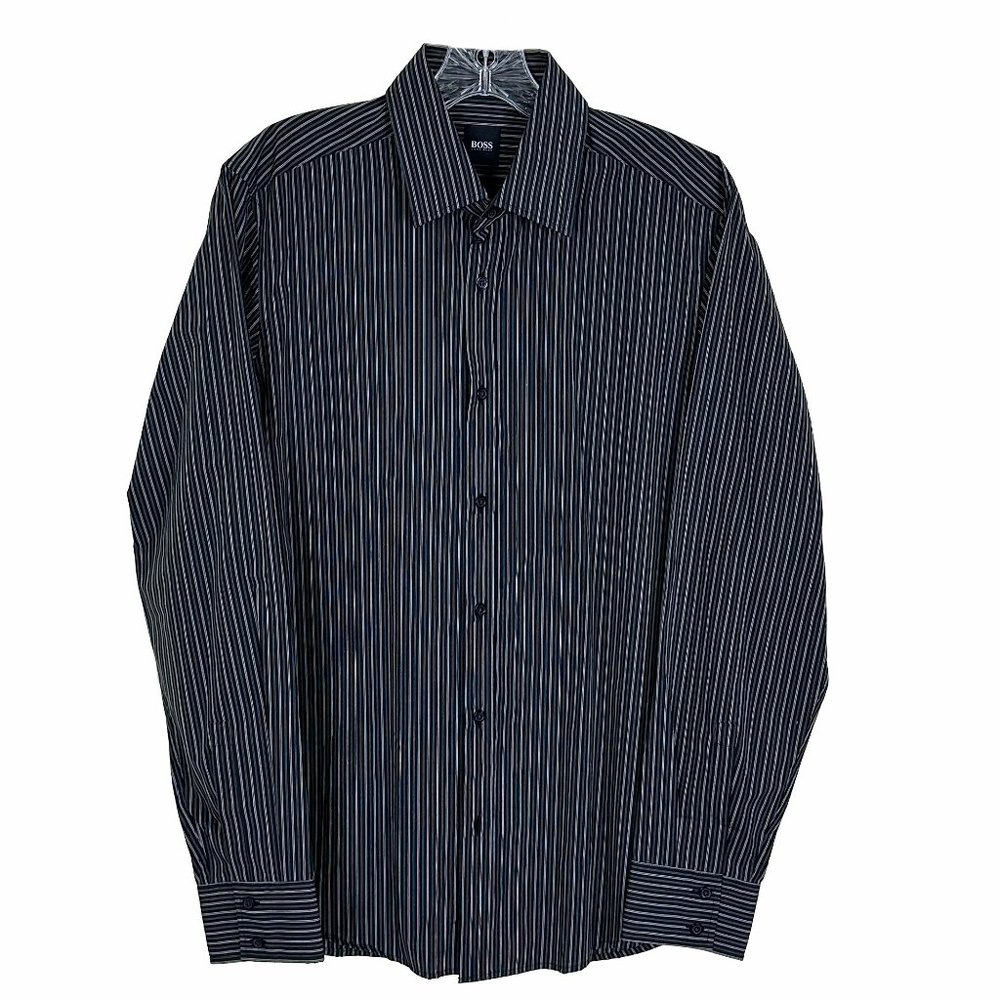 BOSS by HUGO BOSS Men’s Black and Gray Striped Classic Button Down Shirt, Size M